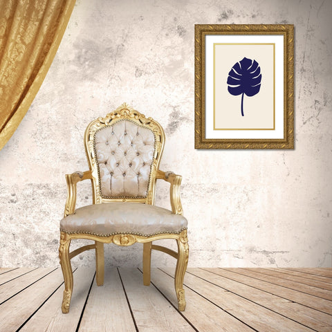 Monstera Leaf Dark Blue Gold Ornate Wood Framed Art Print with Double Matting by 1x Studio