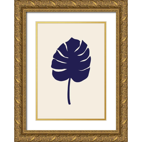 Monstera Leaf Dark Blue Gold Ornate Wood Framed Art Print with Double Matting by 1x Studio