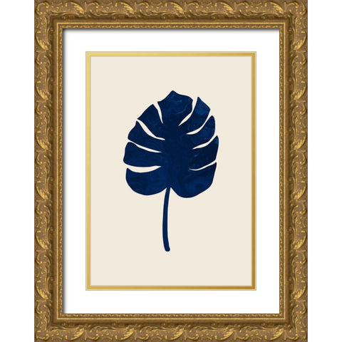 Monstera Marble Blue Gold Ornate Wood Framed Art Print with Double Matting by 1x Studio
