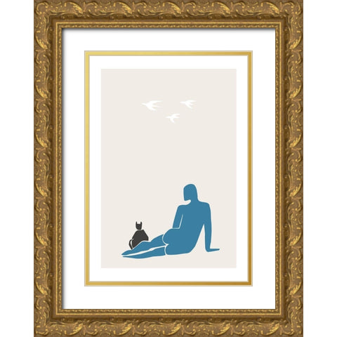 Woman And Cat Gold Ornate Wood Framed Art Print with Double Matting by 1x Studio II