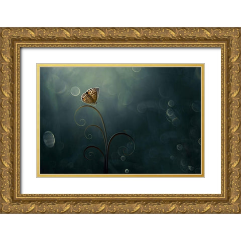 Butterfly In The Morning With Bokeh Gold Ornate Wood Framed Art Print with Double Matting by Pamungkas, Edy