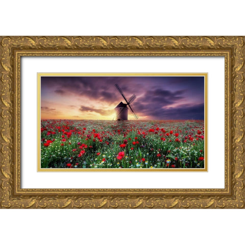 Spring By The Windmill Gold Ornate Wood Framed Art Print with Double Matting by Antonio Trivino, Jose