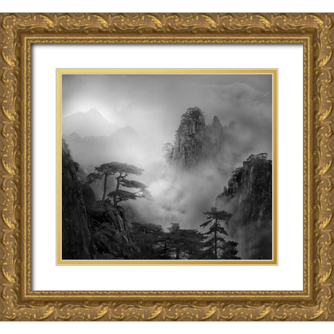 Huang Shan In The Fog Gold Ornate Wood Framed Art Print with Double Matting by Guoji