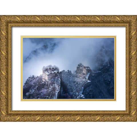 Peach Blossom Snow Of The Great Wall Gold Ornate Wood Framed Art Print with Double Matting by Simoon