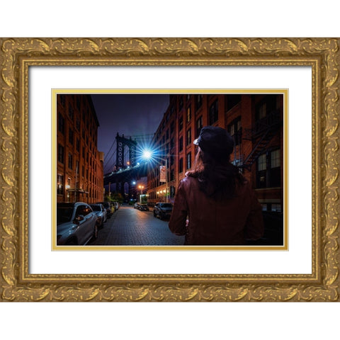 Manhattan Bridge Gold Ornate Wood Framed Art Print with Double Matting by Foto, Patrick