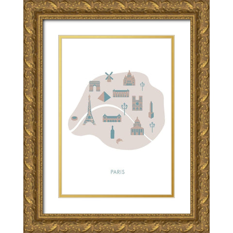 Paris Map Gold Ornate Wood Framed Art Print with Double Matting by 1x Studio II