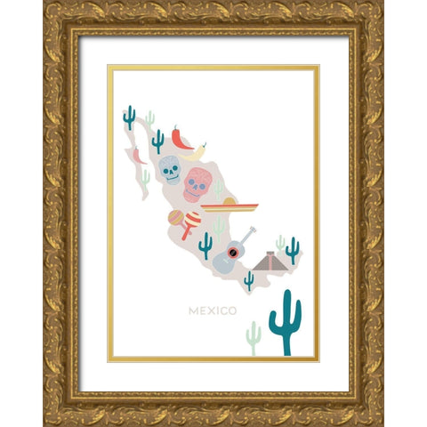 Mexico Map No 1 Gold Ornate Wood Framed Art Print with Double Matting by 1x Studio II