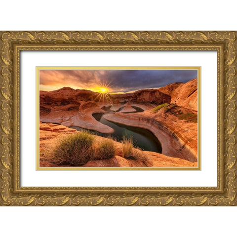 Sunrise At Reflection Canyon Gold Ornate Wood Framed Art Print with Double Matting by Bian, James