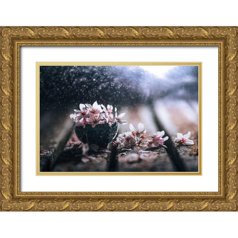 Spring In A Teacup Gold Ornate Wood Framed Art Print with Double Matting by Pu, Can