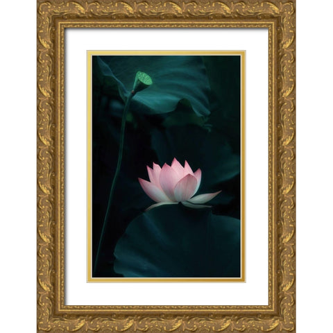 Lotus Flower Gold Ornate Wood Framed Art Print with Double Matting by W., Catherine