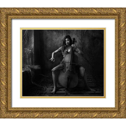 The Cellist Gold Ornate Wood Framed Art Print with Double Matting by Kisworo, Sebastian