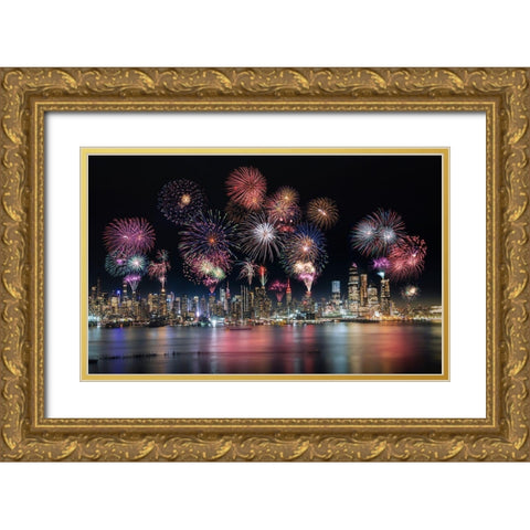 Firework In New York City Gold Ornate Wood Framed Art Print with Double Matting by Dai, Wei