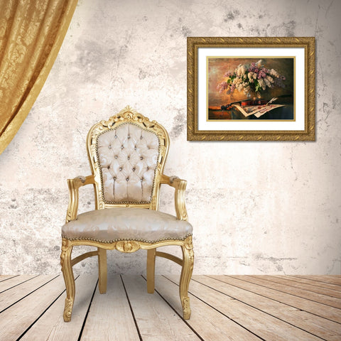 Still Life With Violin And Lilac Flowers Gold Ornate Wood Framed Art Print with Double Matting by Morozov, Andrey
