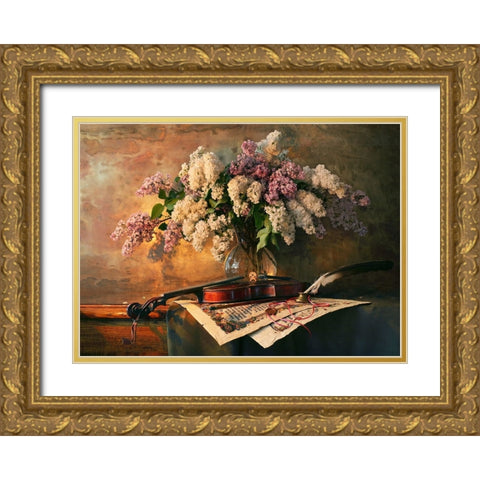 Still Life With Violin And Lilac Flowers Gold Ornate Wood Framed Art Print with Double Matting by Morozov, Andrey