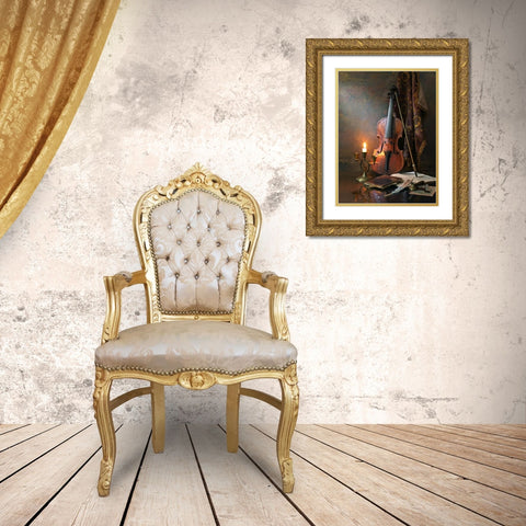 Still Life With Violin And Candle Gold Ornate Wood Framed Art Print with Double Matting by Morozov, Andrey