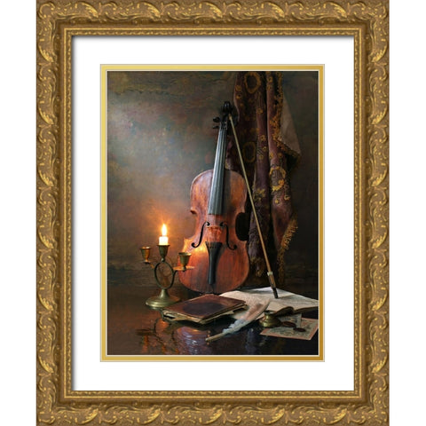 Still Life With Violin And Candle Gold Ornate Wood Framed Art Print with Double Matting by Morozov, Andrey
