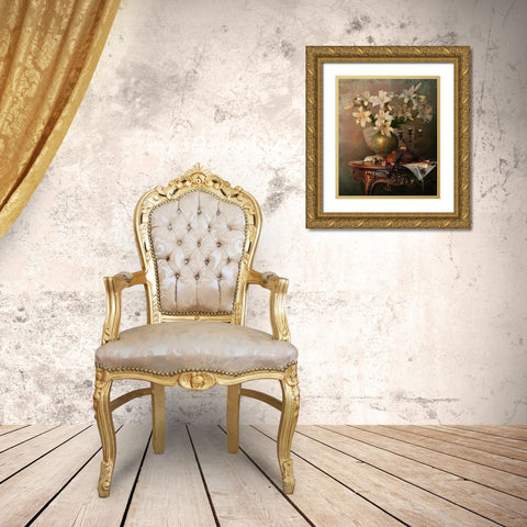 Still Life With Violin And Lilies Gold Ornate Wood Framed Art Print with Double Matting by Morozov, Andrey