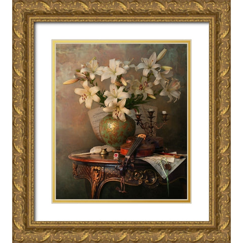 Still Life With Violin And Lilies Gold Ornate Wood Framed Art Print with Double Matting by Morozov, Andrey