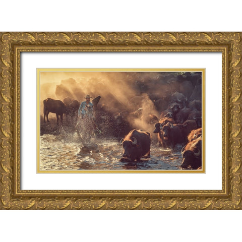 The Buffalo Shepherd Gold Ornate Wood Framed Art Print with Double Matting by Aktar, Meric