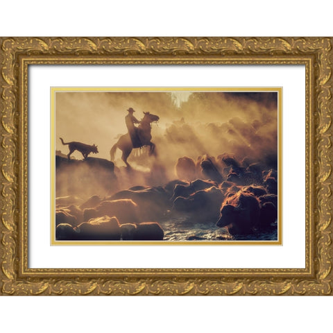The Buffalo Shepherd Gold Ornate Wood Framed Art Print with Double Matting by Aktar, Meric