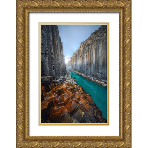 Stuadlagil Gold Ornate Wood Framed Art Print with Double Matting by Heinz, Timo
