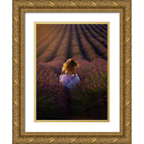 A Girl Running Towards The Flower Field Gold Ornate Wood Framed Art Print with Double Matting by Hu, Mei