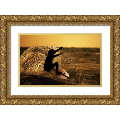 Surfer At Sunset Gold Ornate Wood Framed Art Print with Double Matting by Yuval