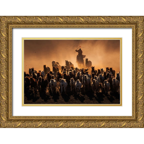 Ten Thousand Steeds Gallop Gold Ornate Wood Framed Art Print with Double Matting by Liao, Yuhan