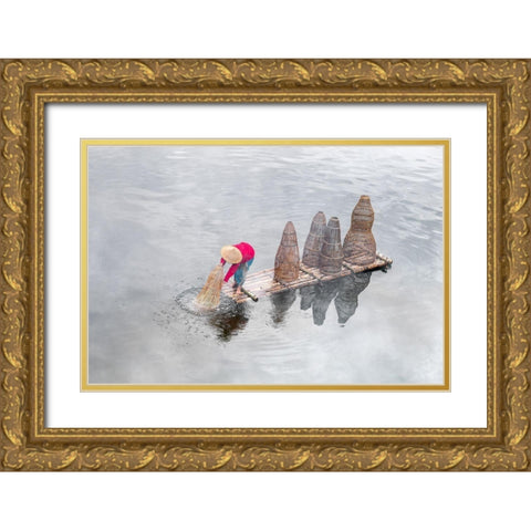 Catching The Fish Gold Ornate Wood Framed Art Print with Double Matting by Herliyanto, Gatot