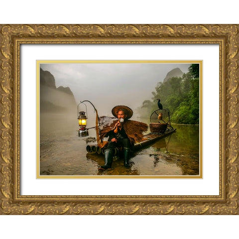 Cormorant Fisherman Gold Ornate Wood Framed Art Print with Double Matting by Campos, Pedro