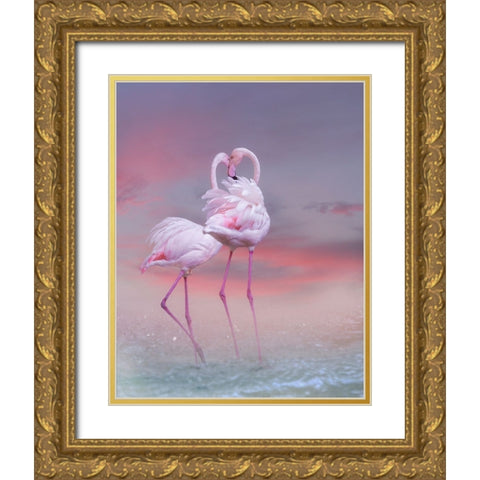 Flamingo Ballet Gold Ornate Wood Framed Art Print with Double Matting by Wisniowska, Krystina