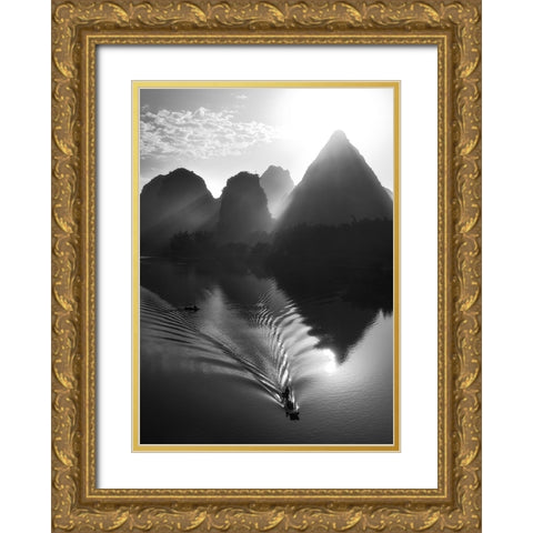 Fisherman at sunrise Gold Ornate Wood Framed Art Print with Double Matting by Massetti, Fabrizio