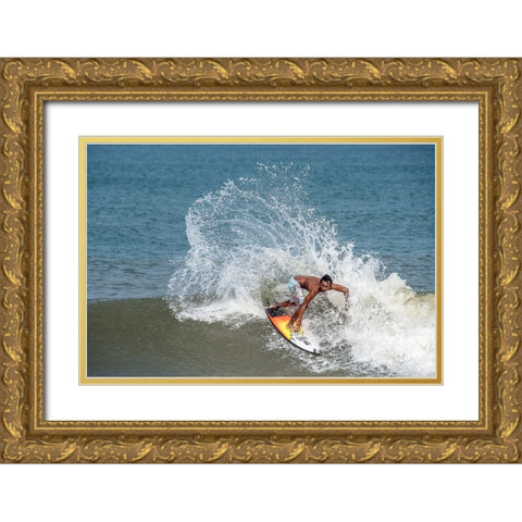 Surfing At Chennai Gold Ornate Wood Framed Art Print with Double Matting by GV, Balasurbramanian