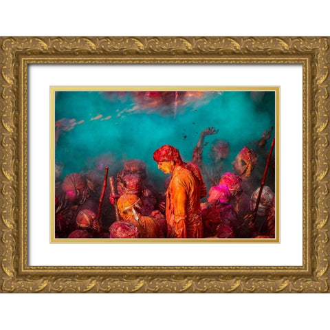 A Blue Hue Over The Singers At The Samaj During Holi Gold Ornate Wood Framed Art Print with Double Matting by Rana, Ajit