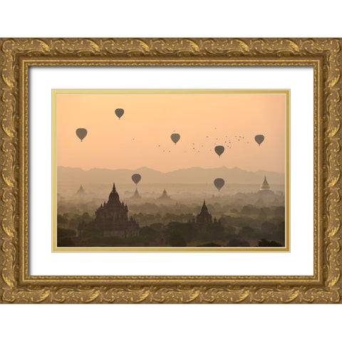 Bagan, balloons flying over ancient temples Gold Ornate Wood Framed Art Print with Double Matting by Intarob, Sarawut