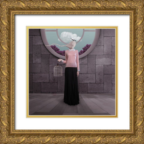 The Bird Flew And Lady Miss Her Already Gold Ornate Wood Framed Art Print with Double Matting by Hardibudi