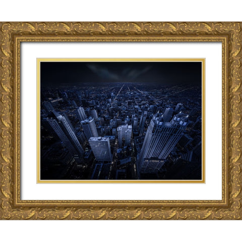 Chicago Blue Hour Gold Ornate Wood Framed Art Print with Double Matting by Tian, Xiaobing