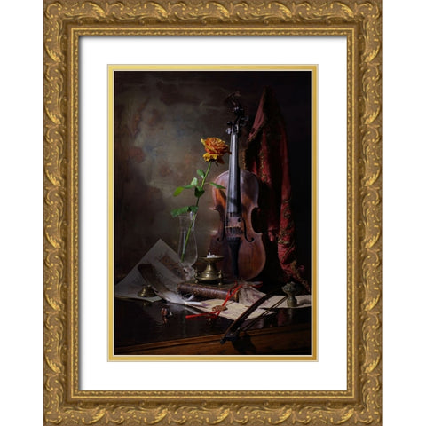 Still Life With Violin And Rose Gold Ornate Wood Framed Art Print with Double Matting by Morozov, Andrey