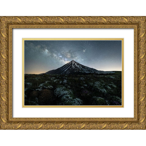 Dark horse and Damavand Gold Ornate Wood Framed Art Print with Double Matting by Babaei, Hosein