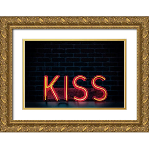 Kiss in Neon Gold Ornate Wood Framed Art Print with Double Matting by Mossholder, Tim