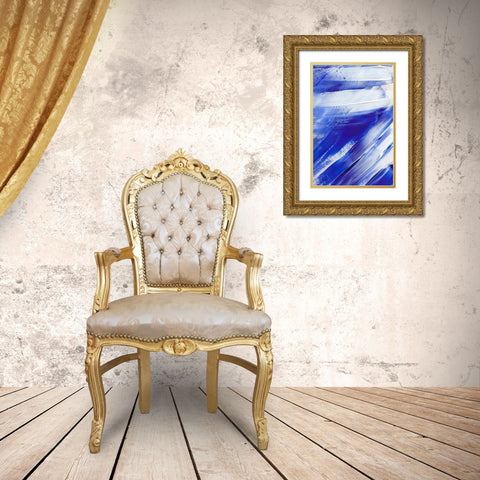 White on Blue Brush Strokes Gold Ornate Wood Framed Art Print with Double Matting by Sawall, Anastasia