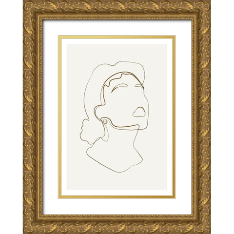 Abstract Face Line Art Gold Ornate Wood Framed Art Print with Double Matting by NKTN