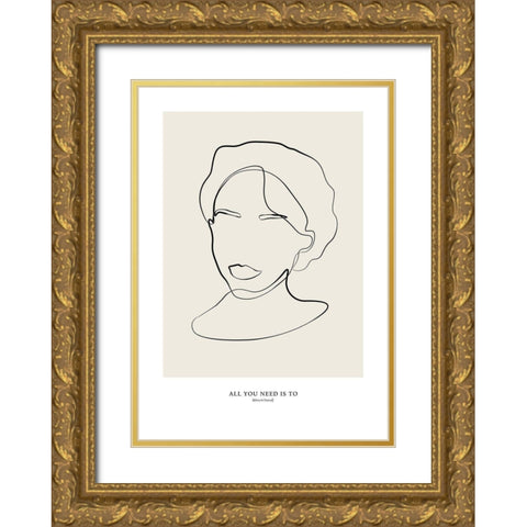 Modern female line art Gold Ornate Wood Framed Art Print with Double Matting by NKTN
