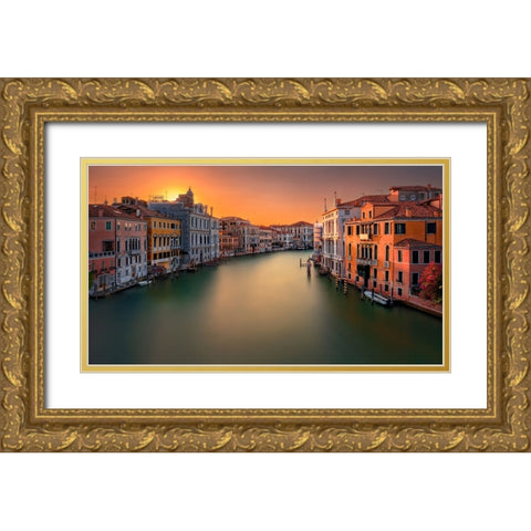 Sunset In Venice Gold Ornate Wood Framed Art Print with Double Matting by Pessotto, Tommaso