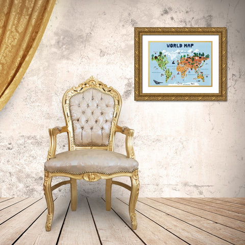World map for kids Gold Ornate Wood Framed Art Print with Double Matting by Jotadejai