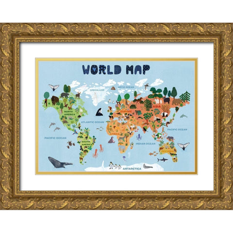 World map for kids Gold Ornate Wood Framed Art Print with Double Matting by Jotadejai