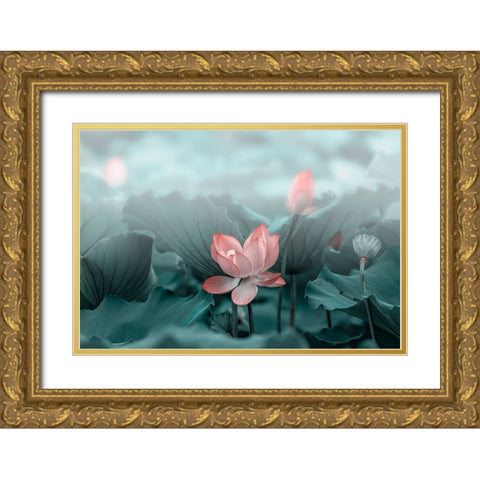 Lotus Flower and Bud Gold Ornate Wood Framed Art Print with Double Matting by Liu, Betty