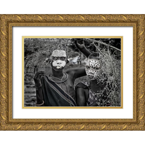 Two Surmi Girls - Ethiopia Gold Ornate Wood Framed Art Print with Double Matting by Inazio Kuesta, Joxe