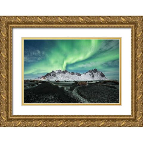 Stokksnes Aurora Gold Ornate Wood Framed Art Print with Double Matting by Alicke, Bjoern