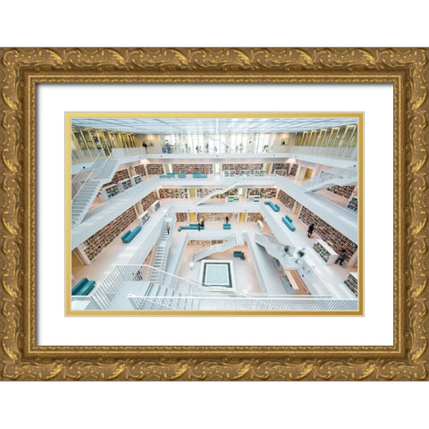library Stuttgart Gold Ornate Wood Framed Art Print with Double Matting by Alicke, Bjoern
